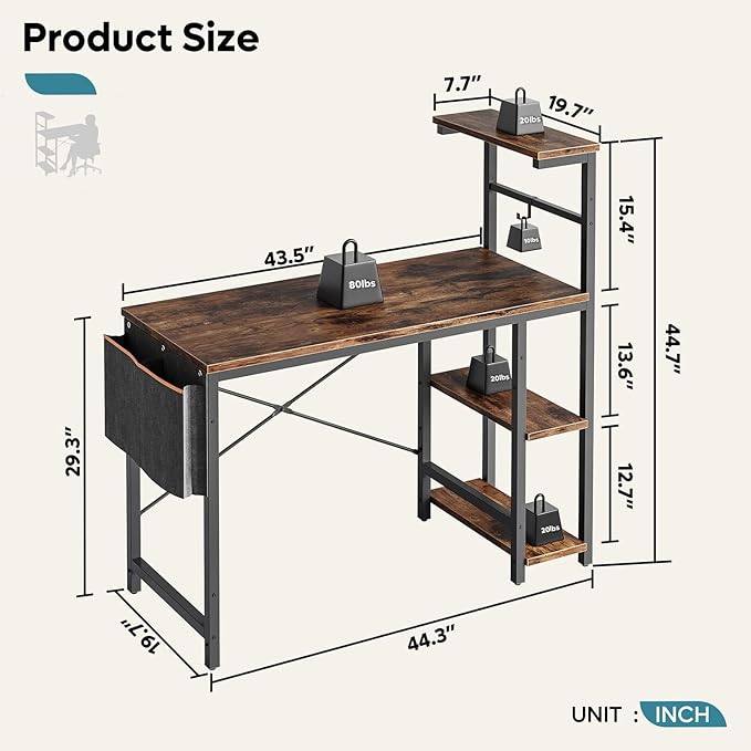 Bestier Computer Desk with LED lights, Gaming Desk with 4 Tier Shelves, 44 Inch Office Desk with Storage Bag & Printer Shelf (Rustic Brown) - LeafyLoom