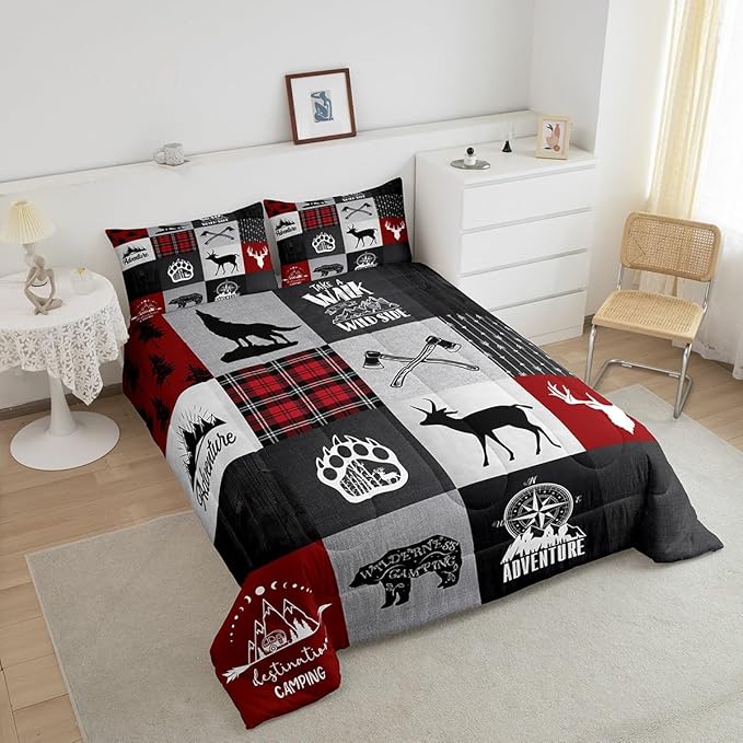 Deer Antler Bear Kids Comforter Set Twin Size,Plaids Boho Arrows Patchwork Bedding Set for Boys Girls Adults Room Decor,Rustic Adventure Camper Down Comforter,Red Xmas Duvet Insert,1 Pillowcase - LeafyLoom