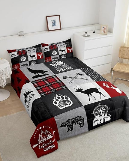 Deer Antler Bear Kids Comforter Set Queen Size,Plaids Boho Arrows Patchwork Bedding Set for Boys Girls Adults Room Decor,Rustic Adventure Camper Down Comforter,Red Xmas Duvet Insert,2 Pillowcases - LeafyLoom