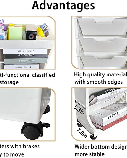 6 Tier Book Rack Storage Bookshelf, Removable Movable Bookshelf with Wheels, Mobile Unique Bookcase, Rolling Book Cart for Study in School Office, White - LeafyLoom