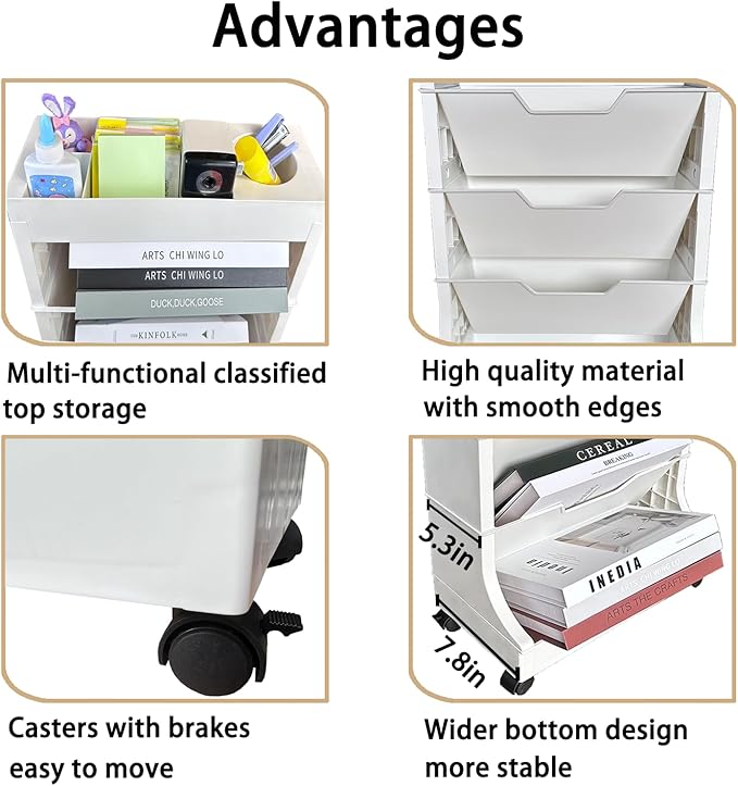 5 Tier Rolling Book Utility Cart, Removable Movable Bookshelf Organizer with Wheels, Storage Book Shelves, Book Rack, Mobile White Bookcase for Study in Classroom Home School Office - LeafyLoom