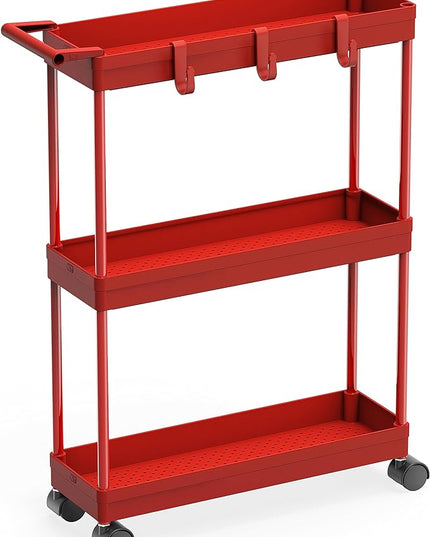 SimpleHouseware Kitchen Cart Storage 3-Tier Slim/Super Narrow Shelves with Handle, 26.5'' Height/5.5'' Width for Narrow Place, Red - LeafyLoom