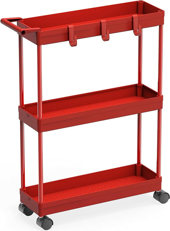 SimpleHouseware Kitchen Cart Storage 3-Tier Slim/Super Narrow Shelves with Handle, 26.5'' Height/5.5'' Width for Narrow Place, Red - LeafyLoom