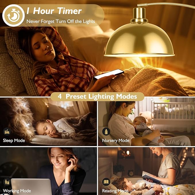Arc Floor Lamps for Living Room, Modern Tall Standing Lamp Remote Control,Stepless Dimmable Gold Floor Lamp with Hanging Dome Shade, Over Couch Arched Reading Lamp for Bedroom, Office (Bulb Included) - LeafyLoom