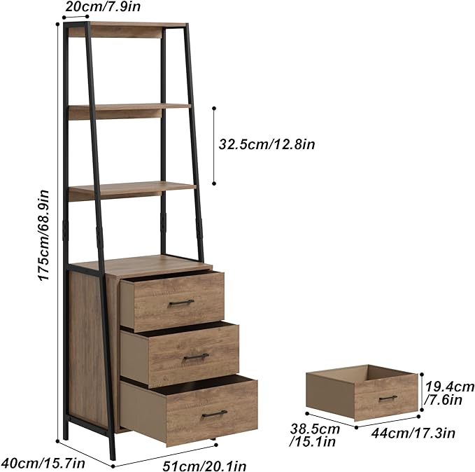 Industrial Bookshelf, Tall Bookcase with 3 Fabric Storage Drawers, Display Standing Shelf Unit for Living Room, Home Office, Vintage Brown - LeafyLoom