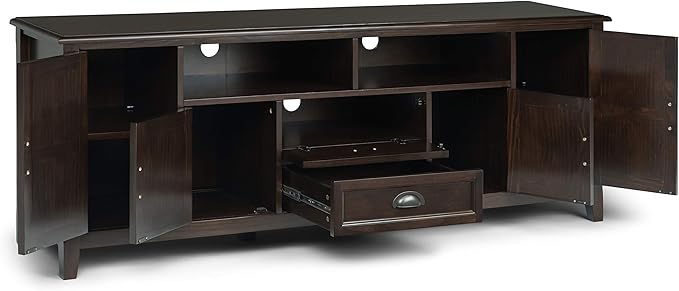 SIMPLIHOME Burlington SOLID WOOD Universal TV Media Stand, 72 inch Wide, Traditional, Living Room Entertainment Center with Storage, for Flat Screen TVs up to 80 inches in Mahogany Brown - LeafyLoom