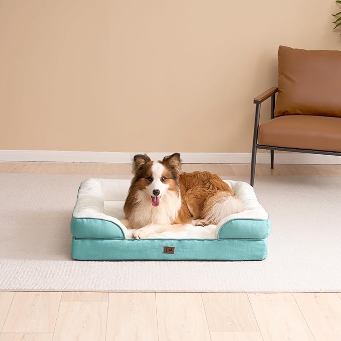 EHEYCIGA Orthopedic Dog Beds for Large Dogs, Waterproof Memory Foam Large Dog Bed with Sides, Non-Slip Bottom and Egg-Crate Foam Large Dog Couch Bed with Washable Removable Cover, Turquoise Blue EHEYCIGA