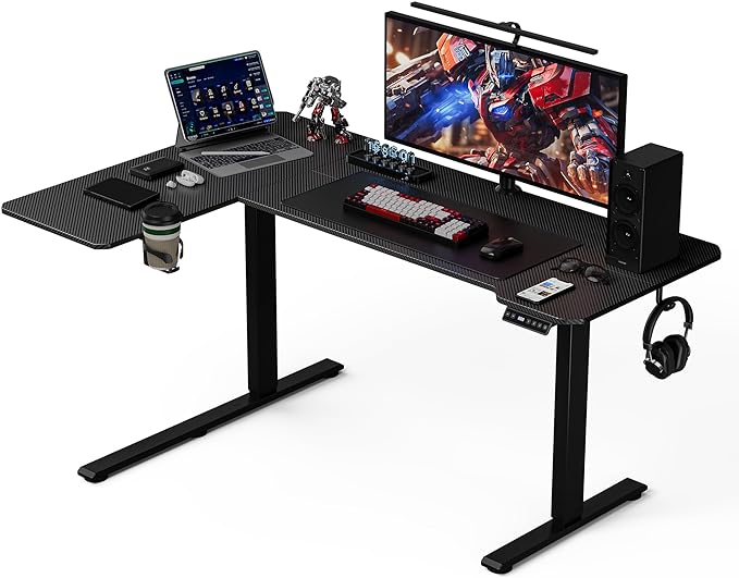 59" Reversiable L-Shaped Electric Standing Desk Adjustable Height Gaming Stand Up Corner Desk Sit Stand Home Office Computer Desk with Splice Board,Black Carbon Top - LeafyLoom