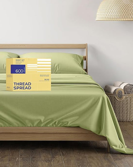 THREAD SPREAD Luxury Egyptian Cotton Sheets King Size - 600 Thread Count Sheets King 4 PC Luxury Sheets King Size, 16" Deep Pocket, Soft, Cooling Sateen Weave Hotel Luxury Bed Sheets Set - Sage Green - LeafyLoom
