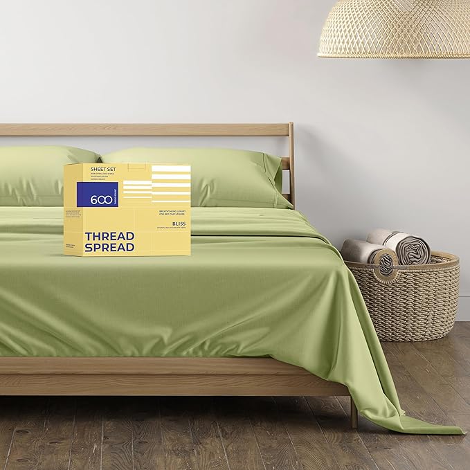 THREAD SPREAD Luxury Egyptian Cotton Sheets King Size - 600 Thread Count Sheets King 4 PC Luxury Sheets King Size, 16" Deep Pocket, Soft, Cooling Sateen Weave Hotel Luxury Bed Sheets Set - Sage Green - LeafyLoom