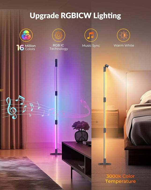 Corner Floor Lamp with Spotlight on Top, Smart RGB Color Changing Led Lights for Mood, 360° Rotating, 16 Million DIY, Remote & App, Music Sync Standing Ambient Lighting for Bedrooms Teen Kid - LeafyLoom