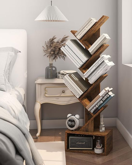 YMYNY 6 Tier Tree Bookshelf, Tall Bookcase, Wood Book Storage Rack with Drawer, Modern Floor Standing Book Shelf for Books/Movies/CDs, Utility Organizer for Living Room, Office, Rustic Brown UHBC016H - LeafyLoom