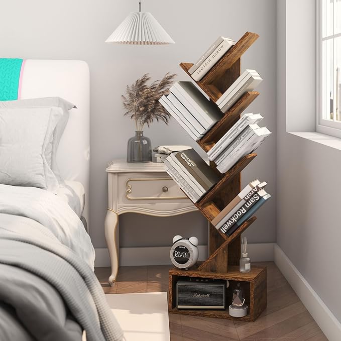 YMYNY 6 Tier Tree Bookshelf, Tall Bookcase, Wood Book Storage Rack with Drawer, Modern Floor Standing Book Shelf for Books/Movies/CDs, Utility Organizer for Living Room, Office, Rustic Brown UHBC016H - LeafyLoom