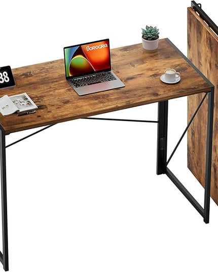 Coavas 39.4 inch Folding Desk No Assembly Required, Writing Computer Desk Space Saving Foldable Table Simple Home Office Desk, Slippy Vintage Brown - LeafyLoom