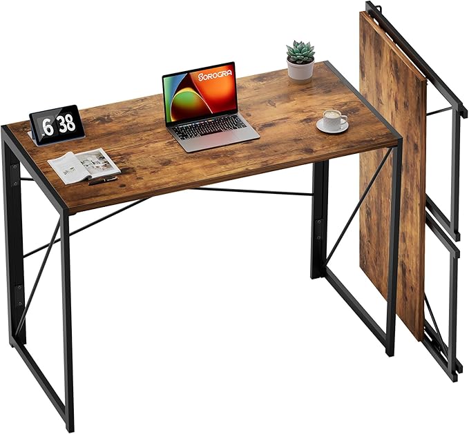Coavas 39.4 inch Folding Desk No Assembly Required, Writing Computer Desk Space Saving Foldable Table Simple Home Office Desk, Slippy Vintage Brown - LeafyLoom