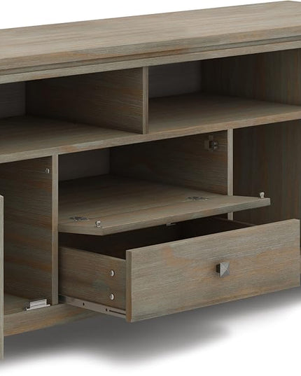 SIMPLIHOME Cosmopolitan SOLID WOOD Universal TV Media Stand, 72 inch Wide, Contemporary, Living Room Entertainment Center with Storage, for Flat Screen TVs up to 80 inches in Distressed Grey - LeafyLoom