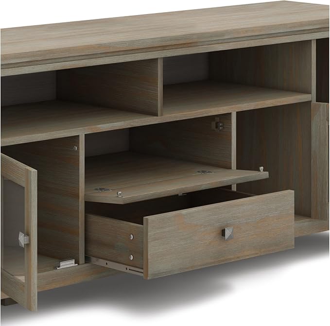 SIMPLIHOME Cosmopolitan SOLID WOOD Universal TV Media Stand, 72 inch Wide, Contemporary, Living Room Entertainment Center with Storage, for Flat Screen TVs up to 80 inches in Distressed Grey - LeafyLoom