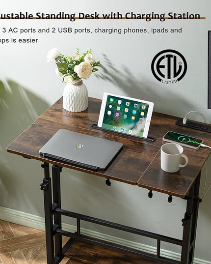 Hadulcet Mobile Standing Desk with Charging Station, Stand Up Laptop Desk Mobile Workstation for Home Office Classroom with Wheels, 31.49 x 23.6 in Rustic Brown - LeafyLoom