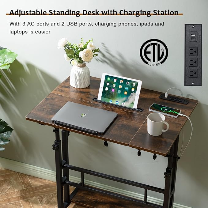 Hadulcet Mobile Standing Desk with Charging Station, Stand Up Laptop Desk Mobile Workstation for Home Office Classroom with Wheels, 31.49 x 23.6 in Rustic Brown - LeafyLoom