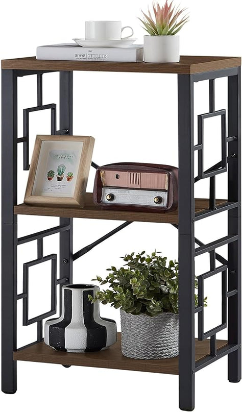 Small Bookshelf, 3 Tier Vintage Industrial Small Bookshelf for Small Spaces, Freestanding Open Shelf Bookcase, Versatile Bookcase for Home Office, Bedroom & Living Room, Retro Brown - LeafyLoom