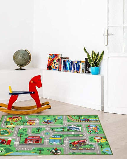 Kids Play Rug for Playroom 5.2x3.3 ft Town City Road Map Car Mat Play Mat Educational Learning Carpet Area Rug for Boy Girl Toddler Bedroom Playroom - LeafyLoom