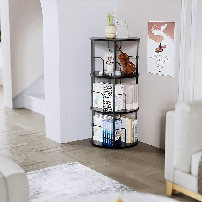 Rotating Bookshelf, 3 Tier Round Revolving Bookcase with Special Visible Partition Storage, 360° Display Spinning Bookshelf Tower Storage Organizer Rack for Bedroom, Living Room, Small Space, Black - LeafyLoom
