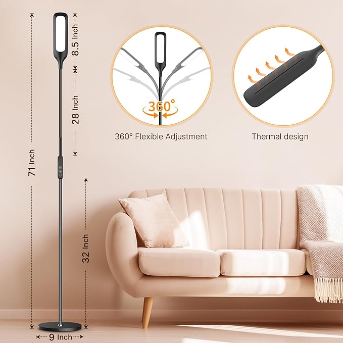 Syrinx LED Floor Lamp, 12W Remote & Touch LED Reading Standing Light for Living Room Bedroom, Flexible Gooseneck Task Light, 5 Color Temperatures, 5 Level Brightness - Black - LeafyLoom