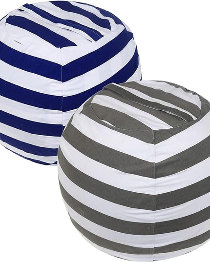 2 Packs Stuffed Animal Storage Beanbag Cover 24" Bean Bag Storage for Kids Girs Boys Room Toys Organizer Heavy-duty Zipper Bean Bag Chair Covers Only Grey Blue White Stripes Cotton Canvas - LeafyLoom