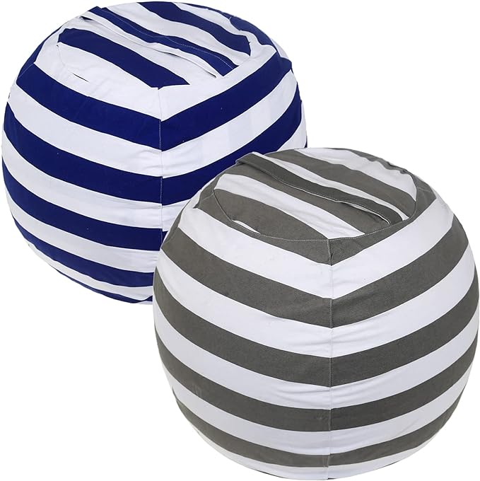 2 Packs Stuffed Animal Storage Beanbag Cover 24" Bean Bag Storage for Kids Girs Boys Room Toys Organizer Heavy-duty Zipper Bean Bag Chair Covers Only Grey Blue White Stripes Cotton Canvas - LeafyLoom