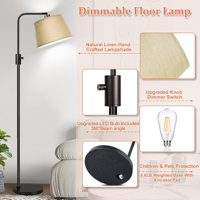 Nintiue Dimmable Floor Lamp, 1000 LM LED Edison Bulb Included, Arc Floor Lamps for Living Room Modern Standing Lamp Tall Lamps for Living Room Bedroom-Champagne - LeafyLoom
