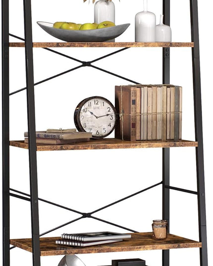 Yusong Bookshelf, Ladder Shelf 5-Tier Bookcase for Bedroom, Industrial Book Shelves Storage Rack with Metal Frame for Home Office, Rustic Brown - LeafyLoom