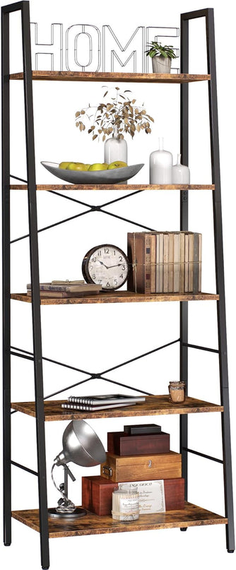 Yusong Bookshelf, Ladder Shelf 5-Tier Bookcase for Bedroom, Industrial Book Shelves Storage Rack with Metal Frame for Home Office, Rustic Brown - LeafyLoom