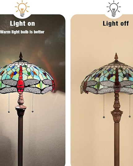 Capulina Tiffany Floor Lamp Fine Sky Dragonfly Style Stained Glass Standing Light Industrial Dark Bronze Pole for Living Room Bedroom Home Office - LeafyLoom