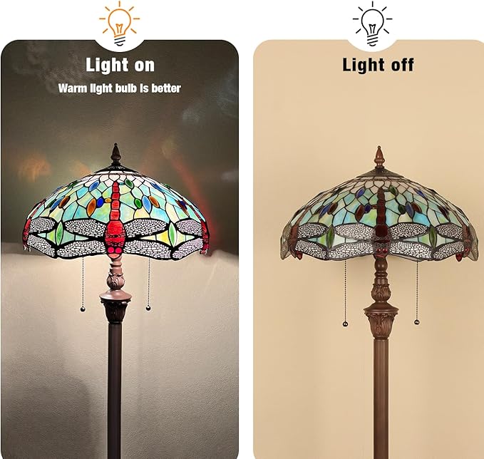 Capulina Tiffany Floor Lamp Fine Sky Dragonfly Style Stained Glass Standing Light Industrial Dark Bronze Pole for Living Room Bedroom Home Office - LeafyLoom