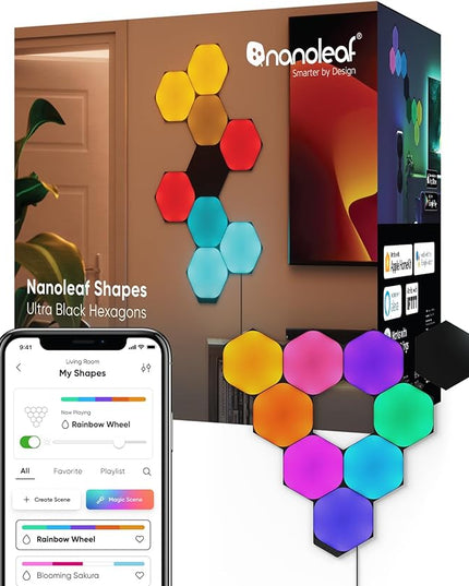 Nanoleaf Shapes WiFi and Thread Smart RGBW 16M+ Color LED Dimmable Gaming and Home Decor Wall Lights Smarter Kits (Black Hexagons Smarter Kit (9 Pack)) NANOLEAF