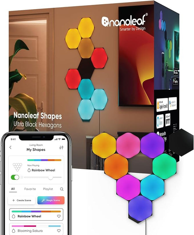 Nanoleaf Shapes WiFi and Thread Smart RGBW 16M+ Color LED Dimmable Gaming and Home Decor Wall Lights Smarter Kits (Black Hexagons Smarter Kit (9 Pack)) NANOLEAF