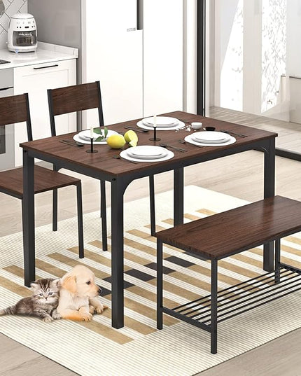 SogesHome Home Kitchen Table Set for 4, Compact Dining Table Chair Set, 4 Pieces Table Chair Bench Set for Small Place, Apartment, Dark Walnut - LeafyLoom