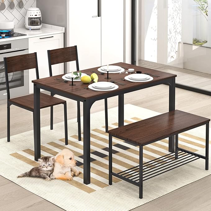 SogesHome Home Kitchen Table Set for 4, Compact Dining Table Chair Set, 4 Pieces Table Chair Bench Set for Small Place, Apartment, Dark Walnut - LeafyLoom