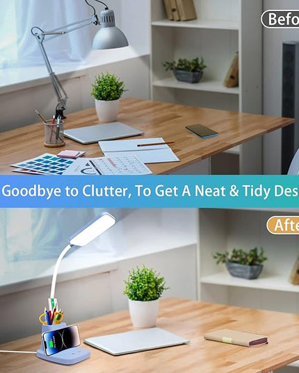 Sailstar Small Desk Lamp, Kids Desk Lamp with Pen Holder, Wireless Charger LED Desk Lamps for Home Office, 800LM Gooseneck 3 Modes Dimmable Touch Cute Desk Lamp, Blue Study Lamp for College Dorm Room - LeafyLoom