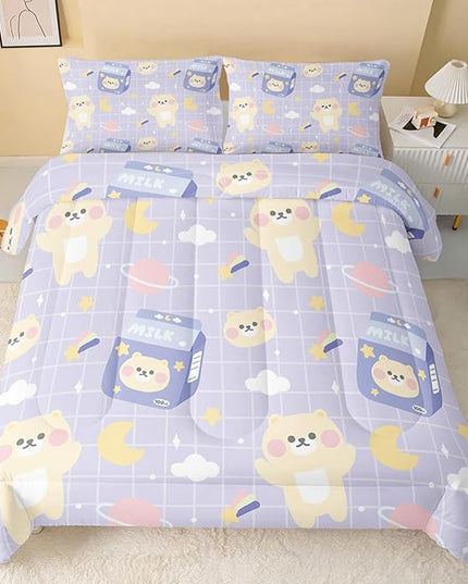 Kawaii Bear Comforter Queen Size,Cartoon Bear Comforter Set for Kids Teens Girls,3Pcs Bedding Set Printed Comforter with 2 Pillowcases,Down Alternative,Soft and Lightweight(Purple，Queen Size) - LeafyLoom
