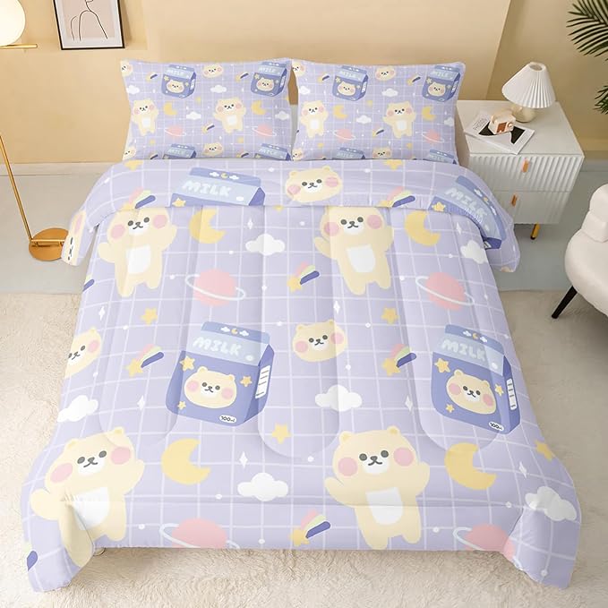 Kawaii Bear Comforter Queen Size,Cartoon Bear Comforter Set for Kids Teens Girls,3Pcs Bedding Set Printed Comforter with 2 Pillowcases,Down Alternative,Soft and Lightweight(Purple，Queen Size) - LeafyLoom