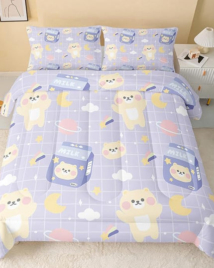 Bear Comforter Twin Size,Kawaii Comforter Set for Kids Teens Girls,3Pcs Bedding Set Printed Comforter with 2 Pillowcases,Down Alternative,Soft and Lightweight(Purple，Twin Size) - LeafyLoom