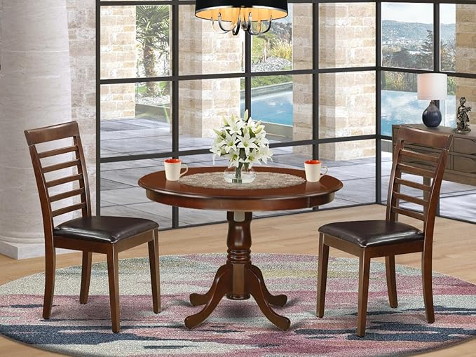 East West Furniture HLML3-MAH-LC 3 Piece Dining Table Set for Small Spaces Contains a Round Dining Room Table with Pedestal and 2 Faux Leather Upholstered Chairs, 42x42 Inch, Mahogany - LeafyLoom