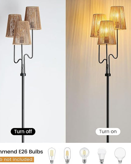 Boho Floor Lamp, 68in. Rattan Floor Lamp with Rattan Shade,3 Light Tree Standing Lamp for Bedroom,Nursery,E26 Socket, Living Room Floor Lamp for Rustic,Coastal, Beach or Bohemian Decor (Black) - LeafyLoom