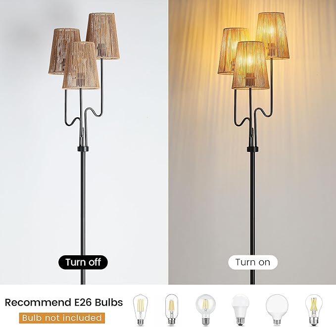 Boho Floor Lamp, 68in. Rattan Floor Lamp with Rattan Shade,3 Light Tree Standing Lamp for Bedroom,Nursery,E26 Socket, Living Room Floor Lamp for Rustic,Coastal, Beach or Bohemian Decor (Black) - LeafyLoom