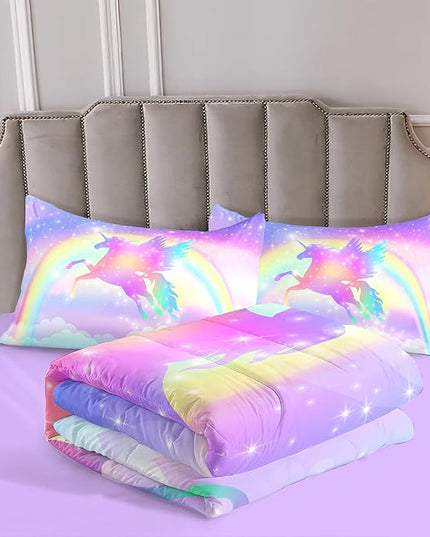 Kids Comforter Bedding Set 3 Pieces Super Soft Breathable Print Kids Bedding Sets for Girls, Machine Washable Durable Comforter Set with Comforter, 2 Pillowcases Rainbow(Twin, Purple Unicorn) - LeafyLoom