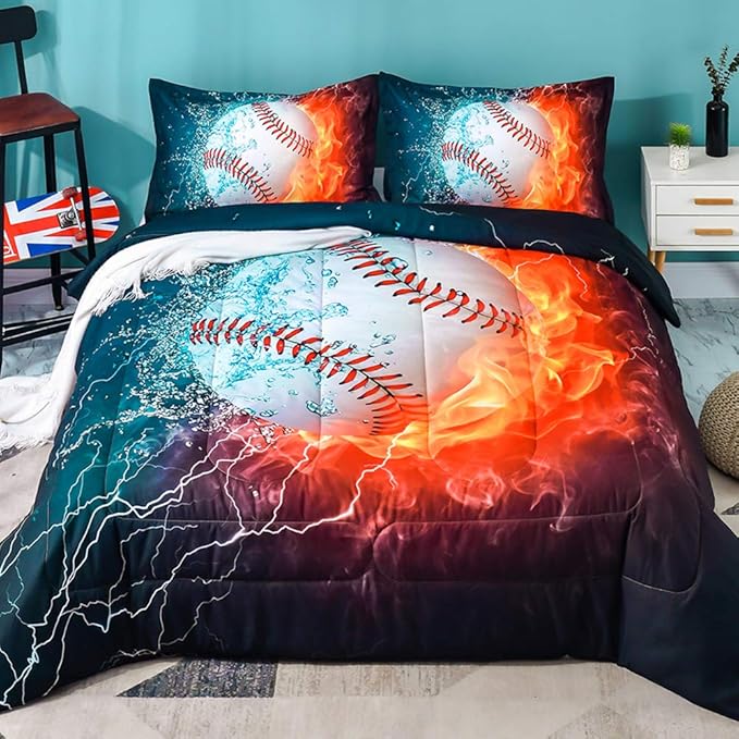 Andency 3D Baseball Comforter Twin(66x90 Inch), 2 Pieces(1 Baseball Comforter, 1 Pillowcase) Sport Microfiber Baseball Comforter Bedding Set for Boy Kids - LeafyLoom