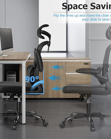 Ergonomic Office Chair, High Back Mesh Desk Chair with Lumbar Support and Adjustable Headrest, Computer Task Chair with Flip-up Armrests, Swivel Executive Chairs for Home Office (Black) - LeafyLoom
