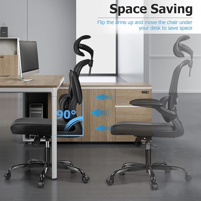 Ergonomic Office Chair, High Back Mesh Desk Chair with Lumbar Support and Adjustable Headrest, Computer Task Chair with Flip-up Armrests, Swivel Executive Chairs for Home Office (Black) - LeafyLoom