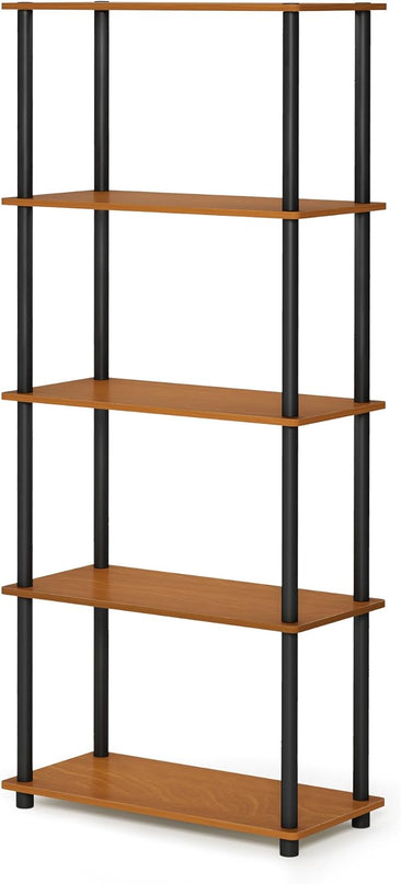 Furinno Turn-N-Tube 5-Tier Multipurpose Shelf / Display Rack / Storage Shelf / Bookshelf, Round Tubes, Light Cherry/Black - LeafyLoom
